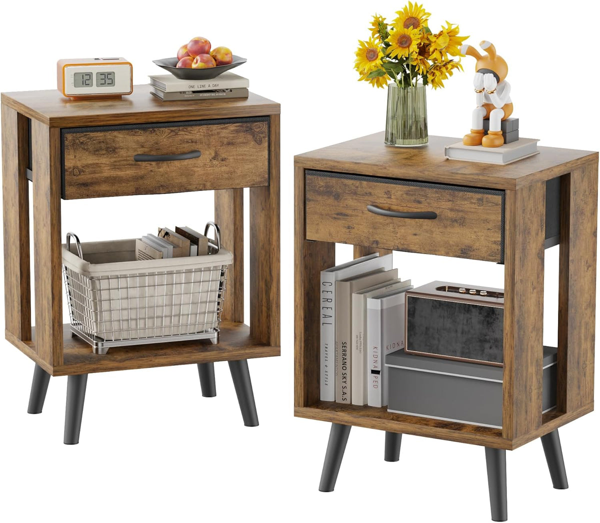 Nightstand Set of 2 with Fabric Drawers and Open Shelves - Rustic Bedroom Side Tables - Grand Goldman