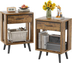 Nightstand Set of 2 with Fabric Drawers and Open Shelves - Rustic Bedroom Side Tables - Grand Goldman