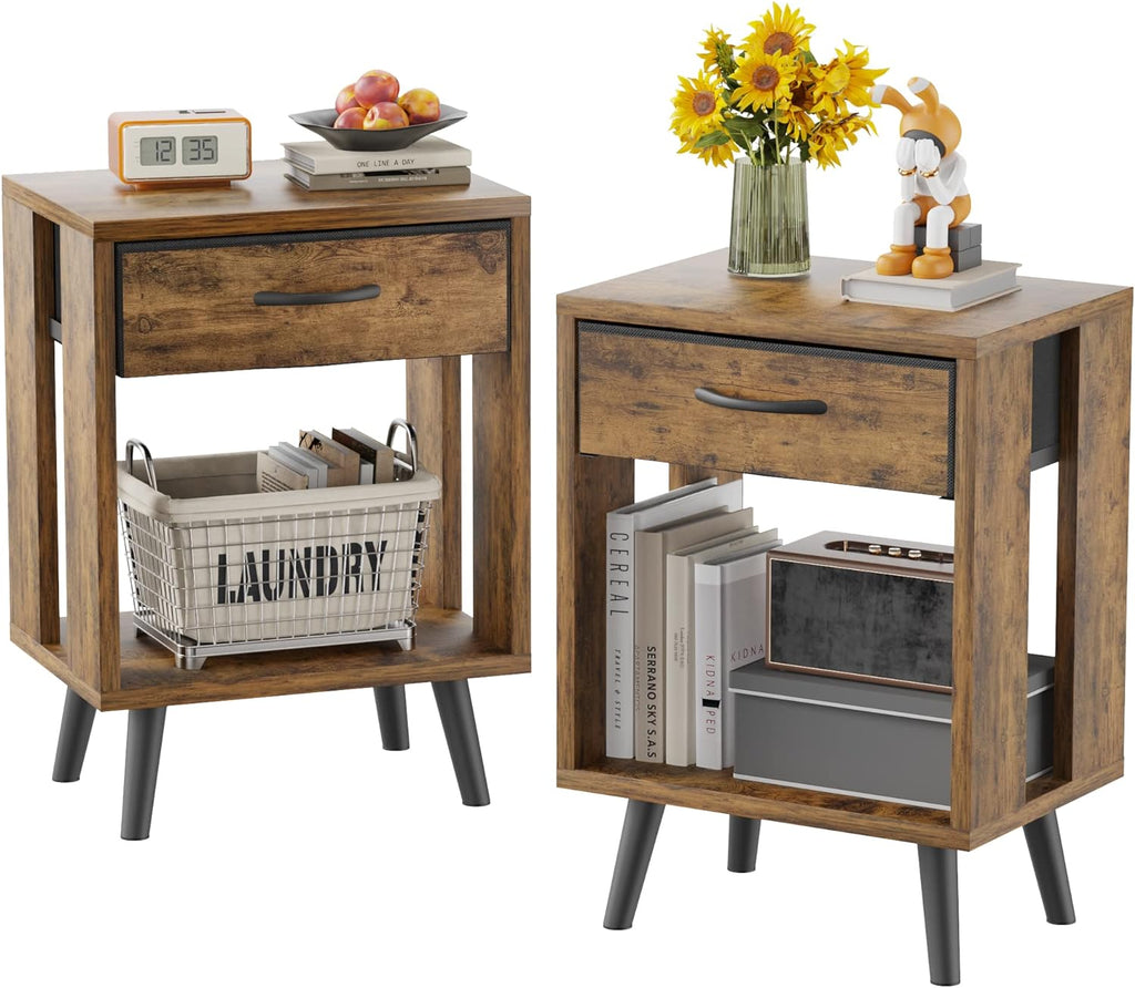 Nightstand Set of 2 with Fabric Drawers and Open Shelves - Rustic Bedroom Side Tables - Grand Goldman