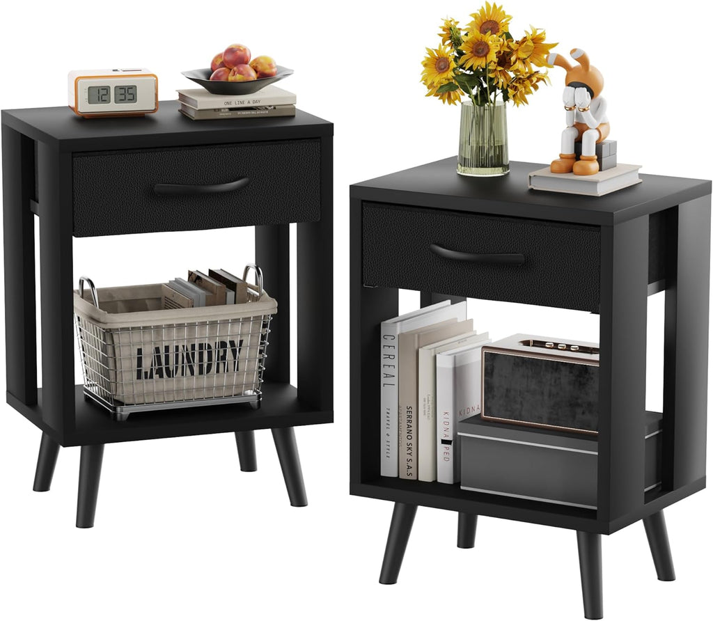 Nightstand Set of 2 with Fabric Drawers and Open Shelves - Rustic Bedroom Side Tables - Grand Goldman