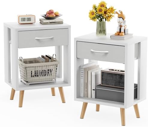 Nightstand Set of 2 with Fabric Drawers and Open Shelves - Rustic Bedroom Side Tables - Grand Goldman