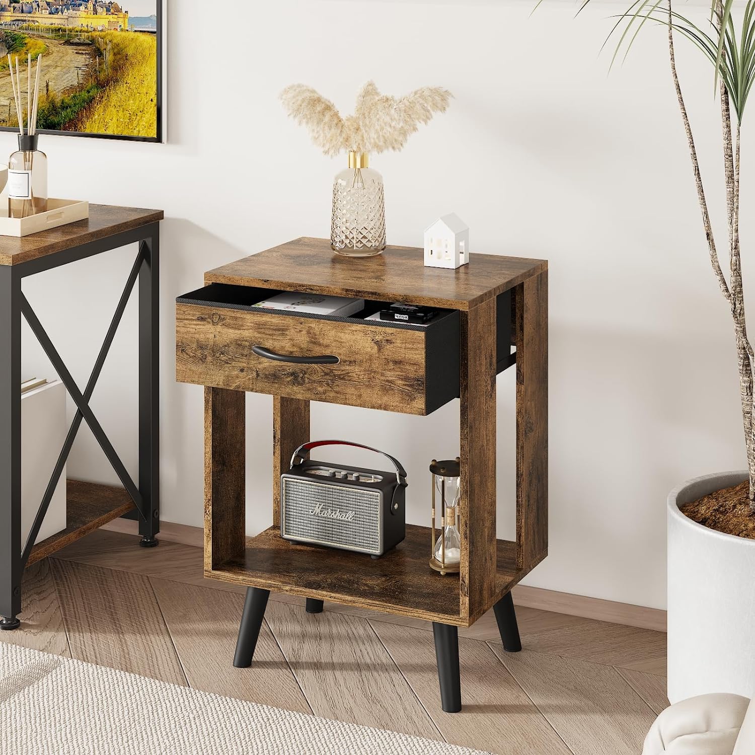 Nightstand Set of 2 with Fabric Drawers and Open Shelves - Rustic Bedroom Side Tables - Grand Goldman
