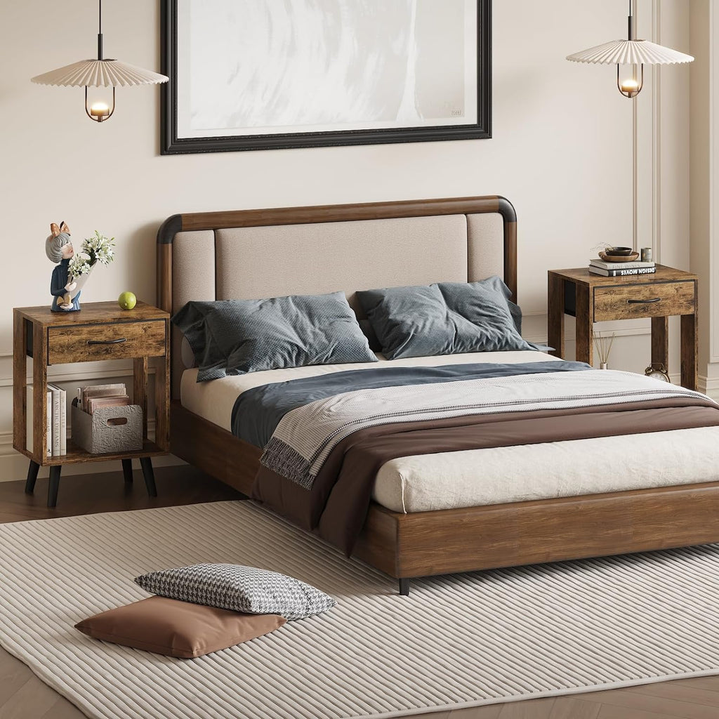 Nightstand Set of 2 with Fabric Drawers and Open Shelves - Rustic Bedroom Side Tables - Grand Goldman