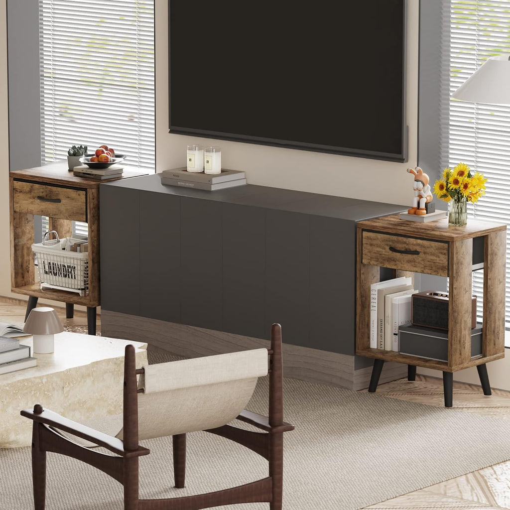 Nightstand Set of 2 with Fabric Drawers and Open Shelves - Rustic Bedroom Side Tables - Grand Goldman