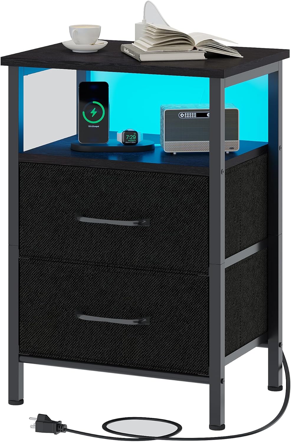 Nightstands Set of 2, Night Stand with Charging Station and Led Lights, Bedside Table with 2 Fabric Drawers for Bedroom, Small Side End Table with Open Shelf, Rustic Brown - Grand Goldman