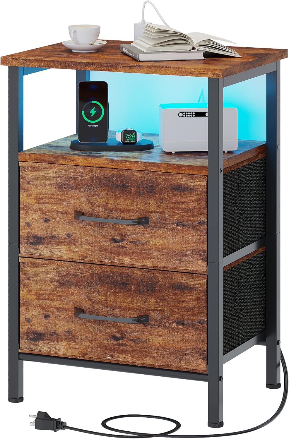 Nightstands Set of 2, Night Stand with Charging Station and Led Lights, Bedside Table with 2 Fabric Drawers for Bedroom, Small Side End Table with Open Shelf, Rustic Brown - Grand Goldman