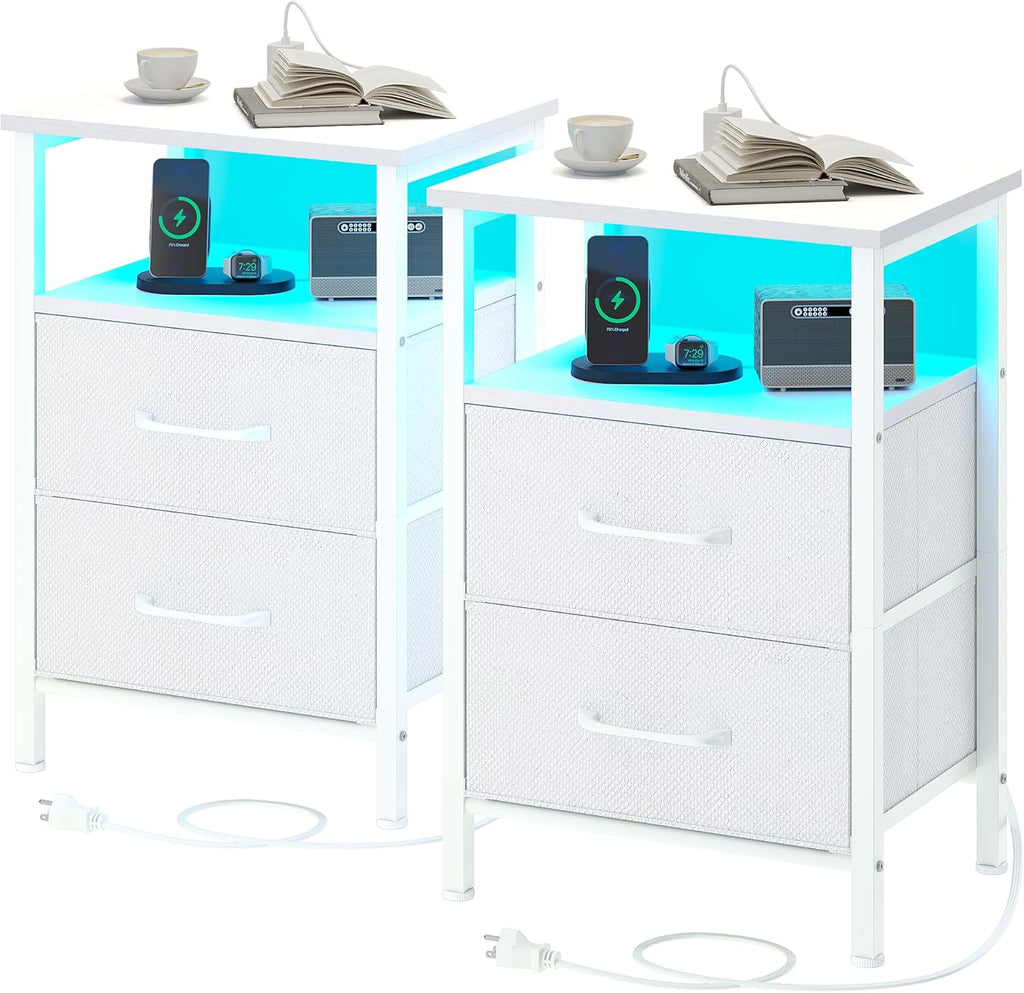 Nightstands Set of 2, Night Stand with Charging Station and Led Lights, Bedside Table with 2 Fabric Drawers for Bedroom, Small Side End Table with Open Shelf, Rustic Brown - Grand Goldman