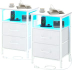 Nightstands Set of 2, Night Stand with Charging Station and Led Lights, Bedside Table with 2 Fabric Drawers for Bedroom, Small Side End Table with Open Shelf, Rustic Brown - Grand Goldman