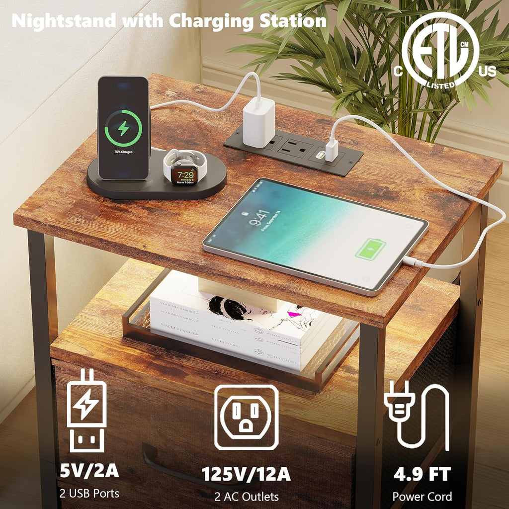 Nightstands Set of 2, Night Stand with Charging Station and Led Lights, Bedside Table with 2 Fabric Drawers for Bedroom, Small Side End Table with Open Shelf, Rustic Brown - Grand Goldman