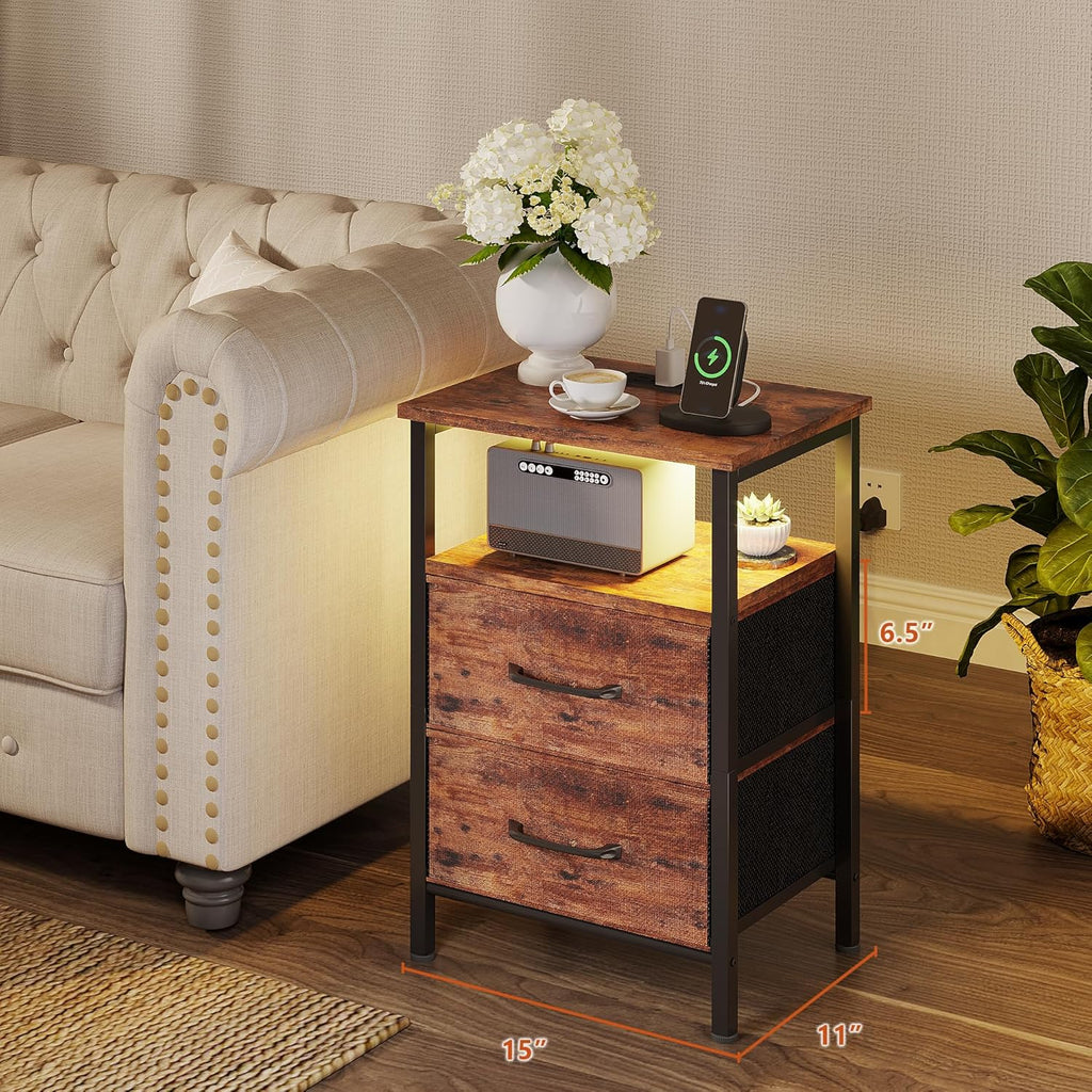 Nightstands Set of 2, Night Stand with Charging Station and Led Lights, Bedside Table with 2 Fabric Drawers for Bedroom, Small Side End Table with Open Shelf, Rustic Brown - Grand Goldman