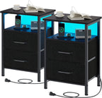 Nightstands Set of 2, Night Stand with Charging Station and Led Lights, Bedside Table with 2 Fabric Drawers for Bedroom, Small Side End Table with Open Shelf, Rustic Brown - Grand Goldman