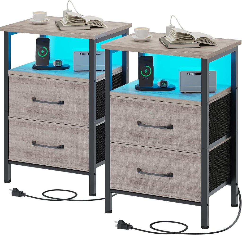 Nightstands Set of 2, Night Stand with Charging Station and Led Lights, Bedside Table with 2 Fabric Drawers for Bedroom, Small Side End Table with Open Shelf, Rustic Brown - Grand Goldman