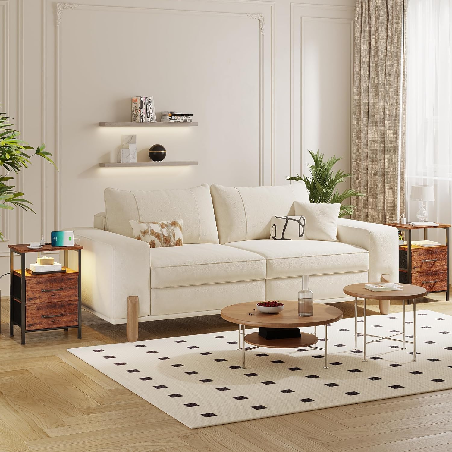 Nightstands Set of 2, Night Stand with Charging Station and Led Lights, Bedside Table with 2 Fabric Drawers for Bedroom, Small Side End Table with Open Shelf, Rustic Brown - Grand Goldman