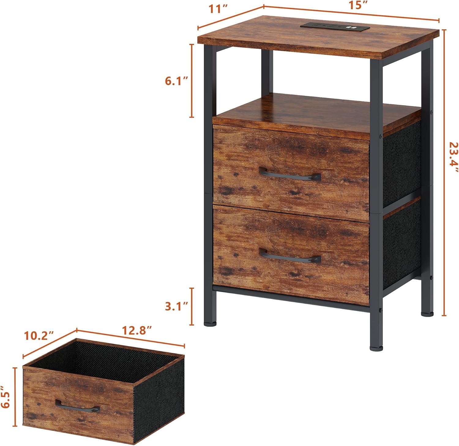 Nightstands Set of 2, Night Stand with Charging Station and Led Lights, Bedside Table with 2 Fabric Drawers for Bedroom, Small Side End Table with Open Shelf, Rustic Brown - Grand Goldman