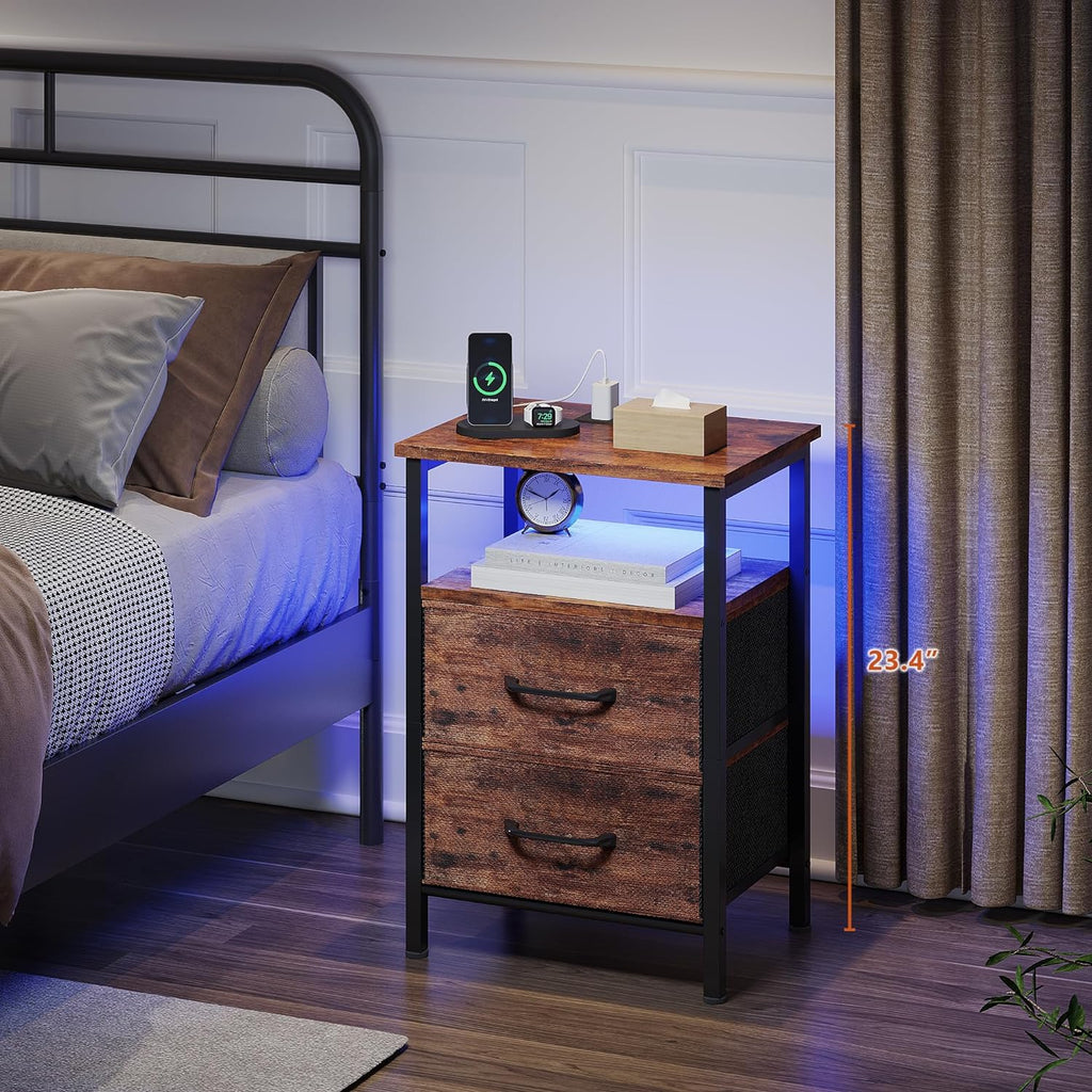 Nightstands Set of 2, Night Stand with Charging Station and Led Lights, Bedside Table with 2 Fabric Drawers for Bedroom, Small Side End Table with Open Shelf, Rustic Brown - Grand Goldman