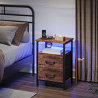 Nightstands Set of 2, Night Stand with Charging Station and Led Lights, Bedside Table with 2 Fabric Drawers for Bedroom, Small Side End Table with Open Shelf, Rustic Brown - Grand Goldman