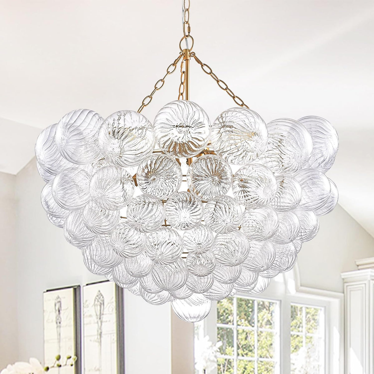 Nordic Bubble Ball Swirled Glass Chandelier, Dia 20 inch Gild Gold and Clear Blown Glass Small Pendant Light Fixture for Bedroom Study Restaurant - Grand Goldman