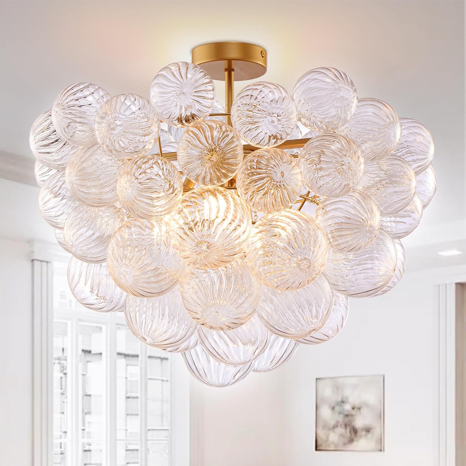 Nordic Bubble Ball Swirled Glass Chandelier, Dia 20 inch Gild Gold and Clear Blown Glass Small Pendant Light Fixture for Bedroom Study Restaurant - Grand Goldman