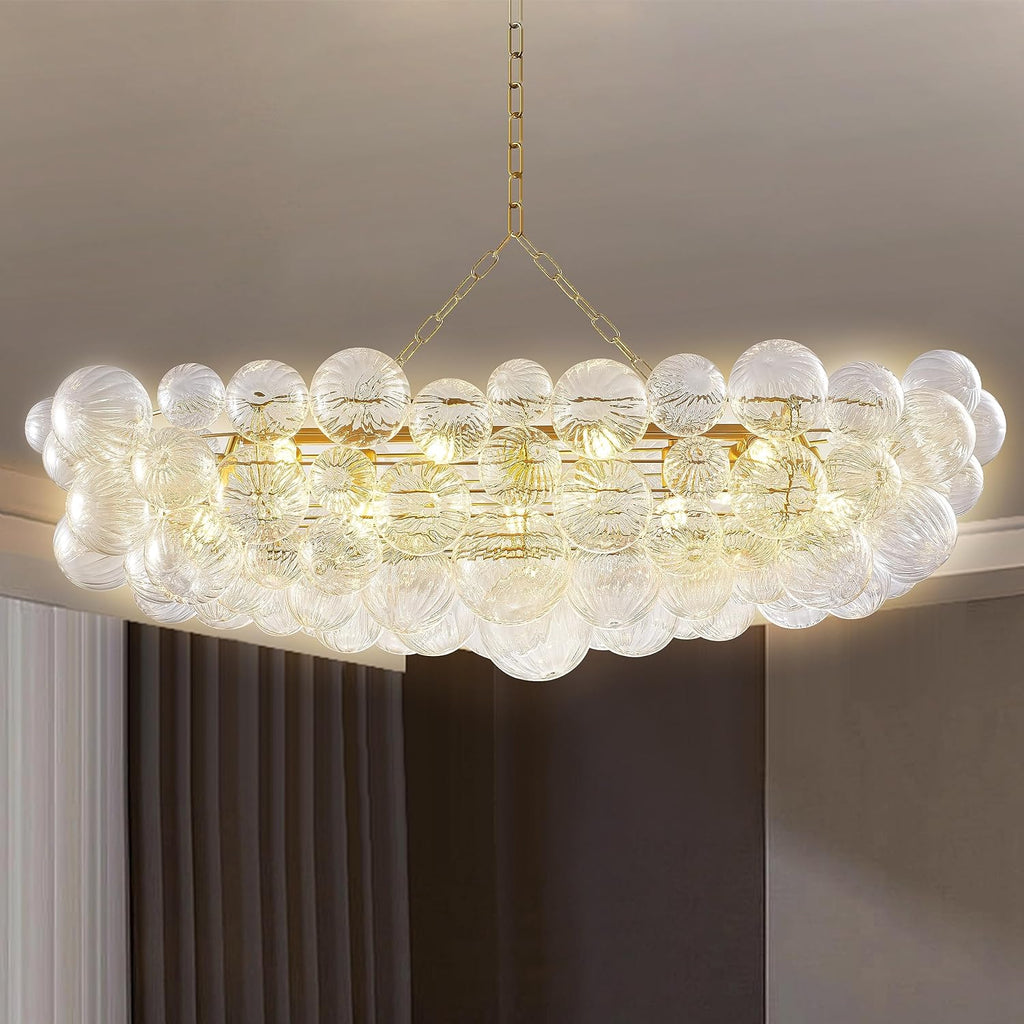 Nordic Bubble Ball Swirled Glass Chandelier, Dia 20 inch Gild Gold and Clear Blown Glass Small Pendant Light Fixture for Bedroom Study Restaurant - Grand Goldman