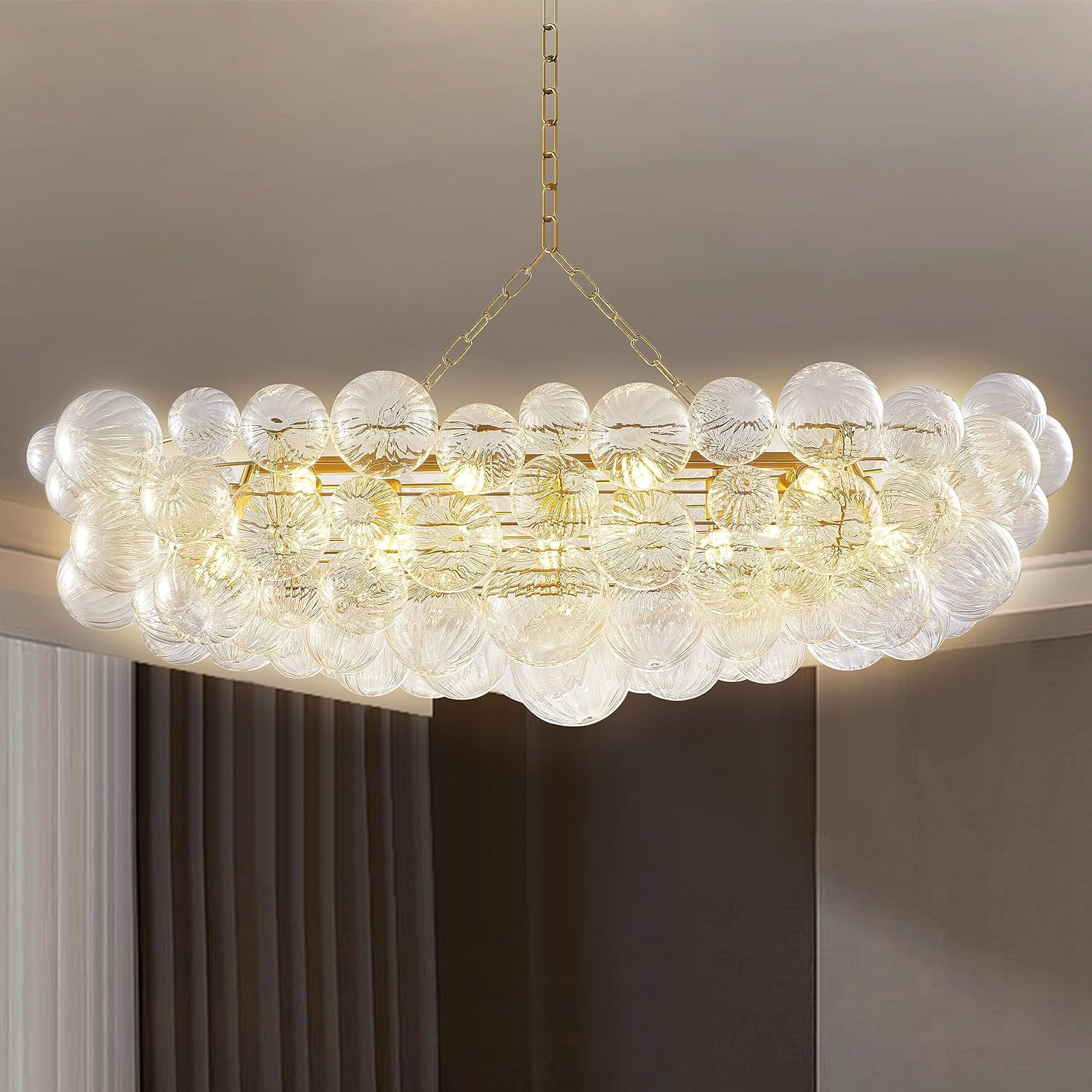 Nordic Bubble Ball Swirled Glass Chandelier, Dia 20 inch Gild Gold and Clear Blown Glass Small Pendant Light Fixture for Bedroom Study Restaurant - Grand Goldman