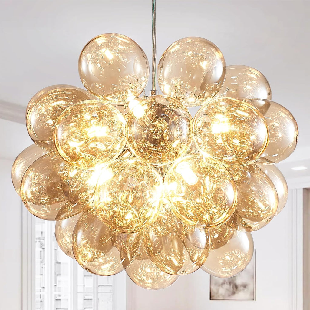 Nordic Bubble Ball Swirled Glass Chandelier, Dia 20 inch Gild Gold and Clear Blown Glass Small Pendant Light Fixture for Bedroom Study Restaurant - Grand Goldman