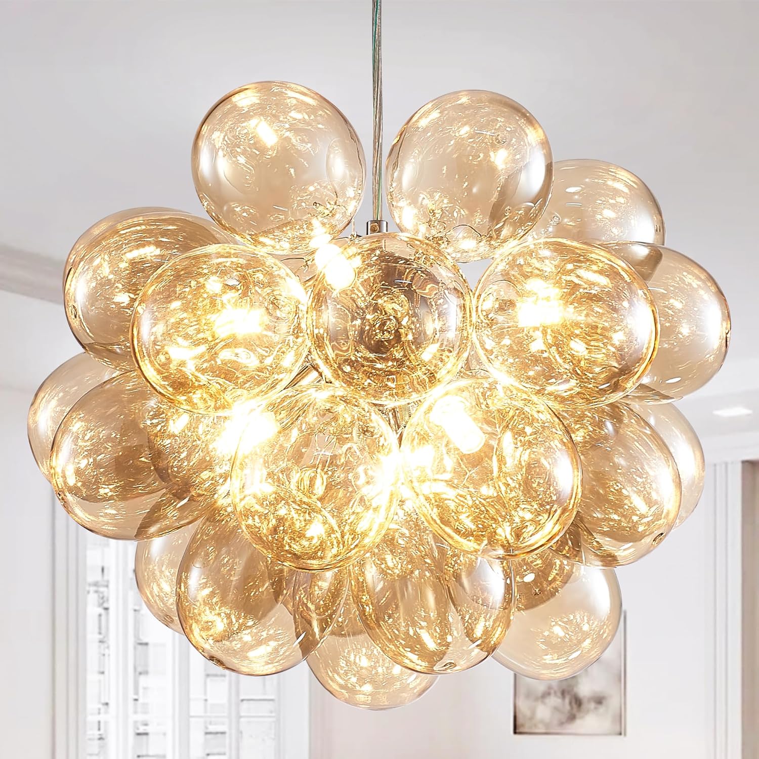 Nordic Bubble Ball Swirled Glass Chandelier, Dia 20 inch Gild Gold and Clear Blown Glass Small Pendant Light Fixture for Bedroom Study Restaurant - Grand Goldman