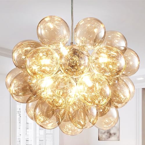 Nordic Bubble Ball Swirled Glass Chandelier, Dia 20 inch Gild Gold and Clear Blown Glass Small Pendant Light Fixture for Bedroom Study Restaurant - Grand Goldman