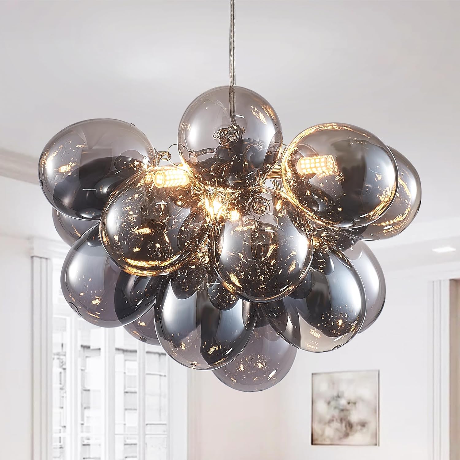 Nordic Bubble Ball Swirled Glass Chandelier, Dia 20 inch Gild Gold and Clear Blown Glass Small Pendant Light Fixture for Bedroom Study Restaurant - Grand Goldman