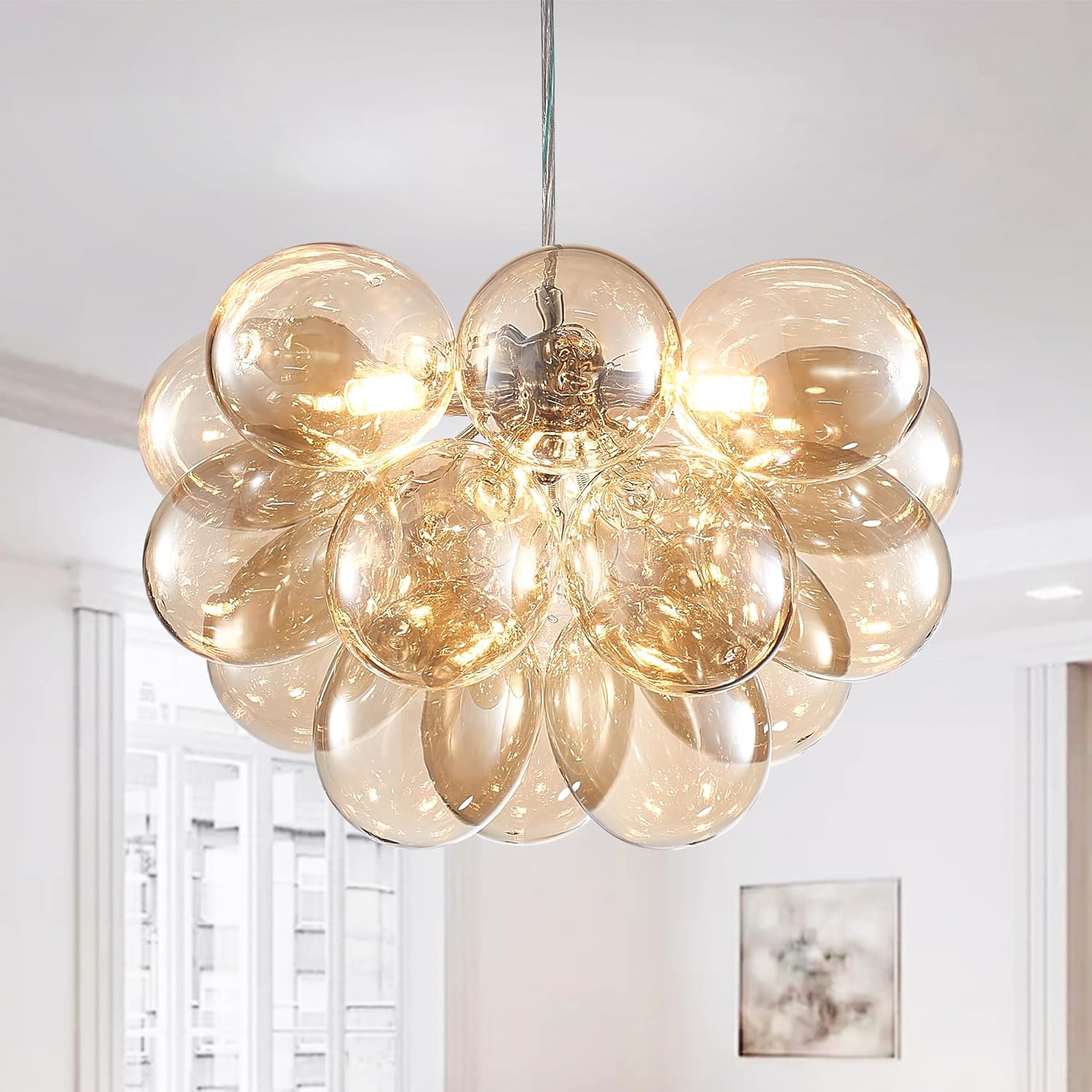 Nordic Bubble Ball Swirled Glass Chandelier, Dia 20 inch Gild Gold and Clear Blown Glass Small Pendant Light Fixture for Bedroom Study Restaurant - Grand Goldman
