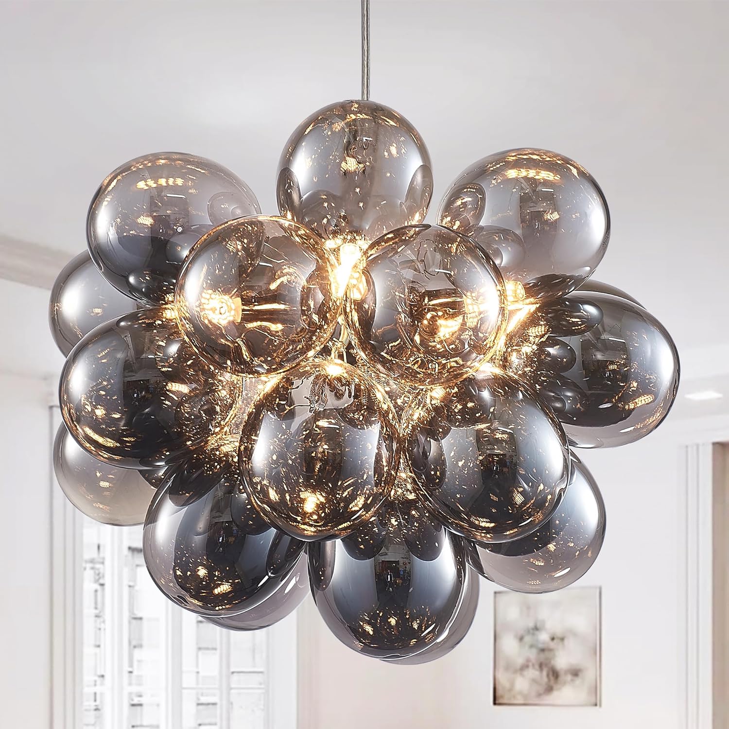 Nordic Bubble Ball Swirled Glass Chandelier, Dia 20 inch Gild Gold and Clear Blown Glass Small Pendant Light Fixture for Bedroom Study Restaurant - Grand Goldman