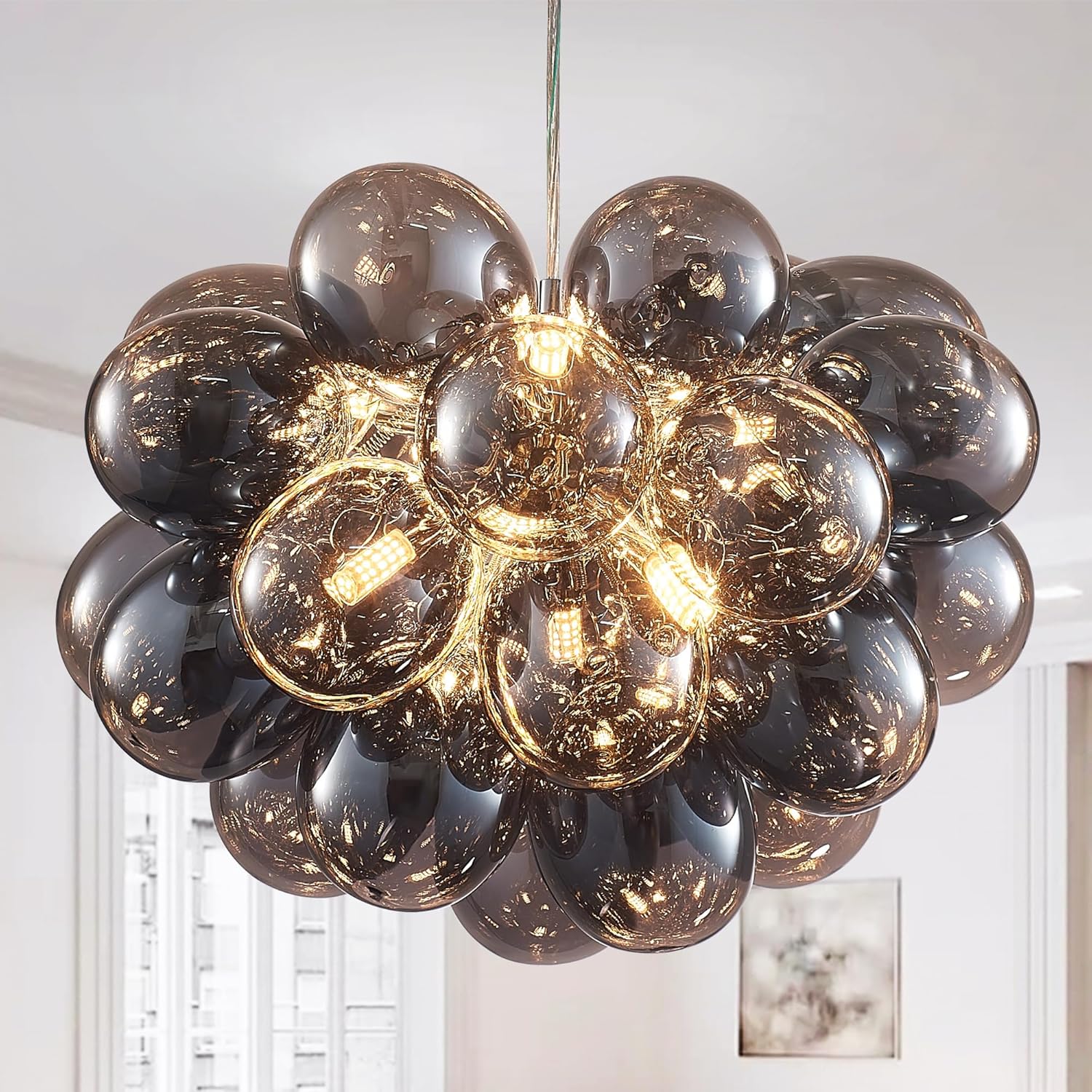 Nordic Bubble Ball Swirled Glass Chandelier, Dia 20 inch Gild Gold and Clear Blown Glass Small Pendant Light Fixture for Bedroom Study Restaurant - Grand Goldman