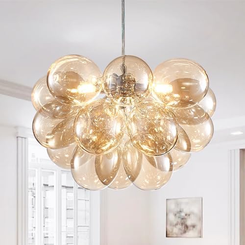 Nordic Bubble Ball Swirled Glass Chandelier, Dia 20 inch Gild Gold and Clear Blown Glass Small Pendant Light Fixture for Bedroom Study Restaurant - Grand Goldman