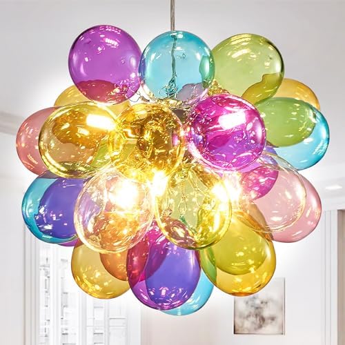 Nordic Bubble Ball Swirled Glass Chandelier, Dia 20 inch Gild Gold and Clear Blown Glass Small Pendant Light Fixture for Bedroom Study Restaurant - Grand Goldman