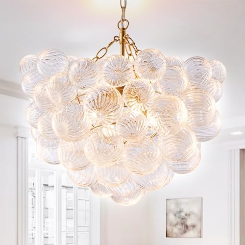 Nordic Bubble Ball Swirled Glass Chandelier, Dia 20 inch Gild Gold and Clear Blown Glass Small Pendant Light Fixture for Bedroom Study Restaurant - Grand Goldman