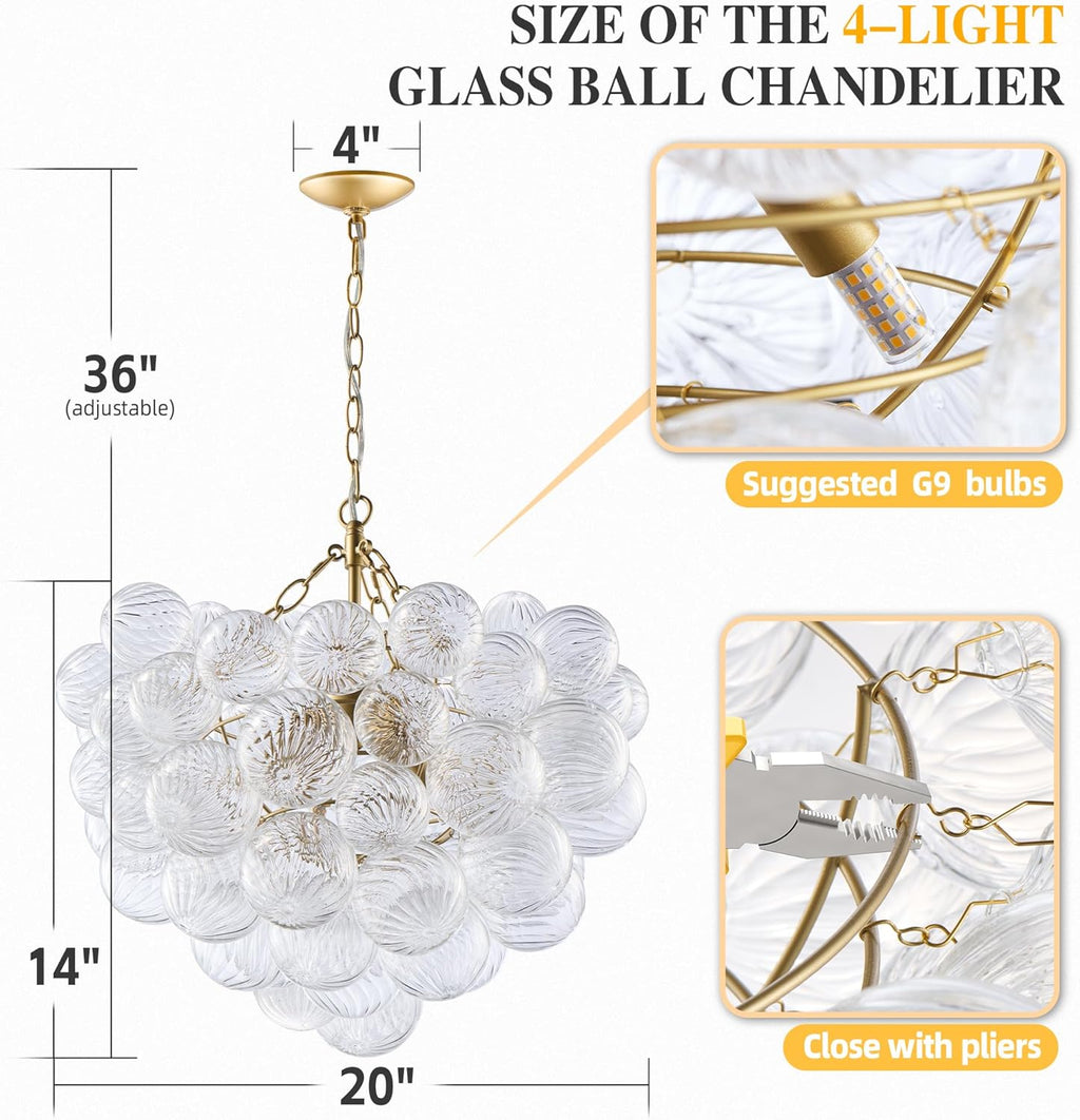 Nordic Bubble Ball Swirled Glass Chandelier, Dia 20 inch Gild Gold and Clear Blown Glass Small Pendant Light Fixture for Bedroom Study Restaurant - Grand Goldman