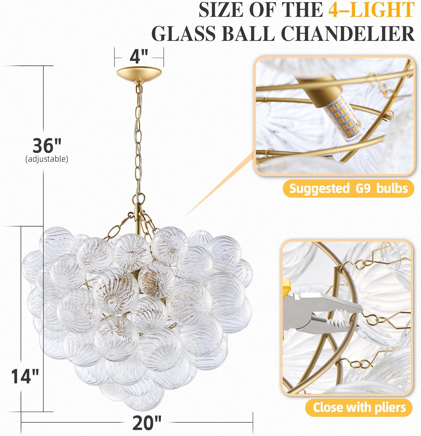 Nordic Bubble Ball Swirled Glass Chandelier, Dia 20 inch Gild Gold and Clear Blown Glass Small Pendant Light Fixture for Bedroom Study Restaurant - Grand Goldman