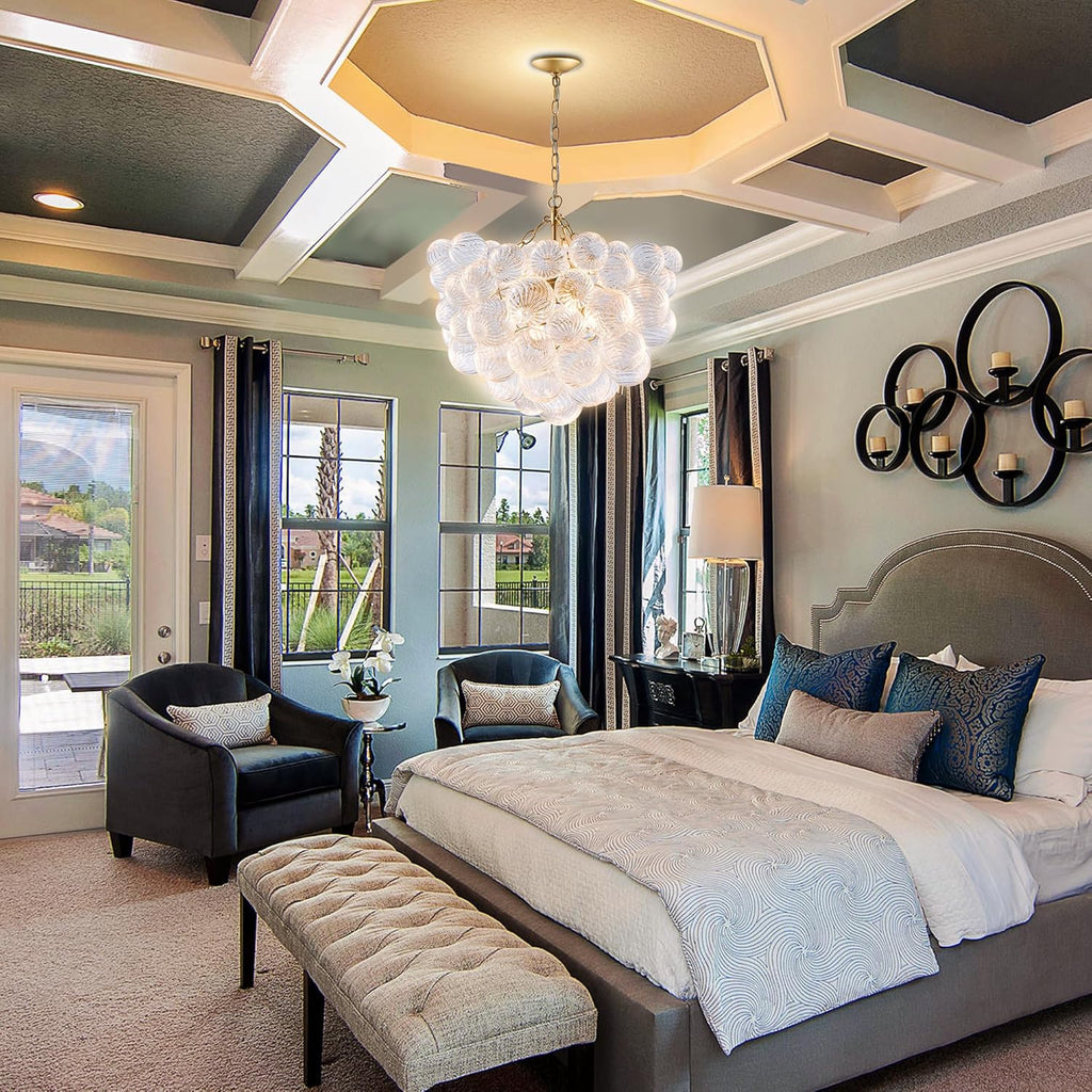 Nordic Bubble Ball Swirled Glass Chandelier, Dia 20 inch Gild Gold and Clear Blown Glass Small Pendant Light Fixture for Bedroom Study Restaurant - Grand Goldman