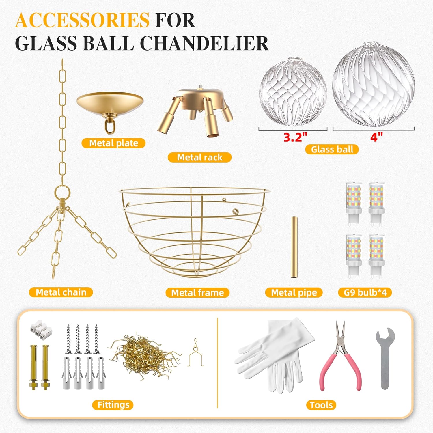 Nordic Bubble Ball Swirled Glass Chandelier, Dia 20 inch Gild Gold and Clear Blown Glass Small Pendant Light Fixture for Bedroom Study Restaurant - Grand Goldman