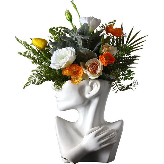 Nordic Ceramics Vase Human Head Abstract Half Body Flower Pot Decor Ornaments - Grand Goldman