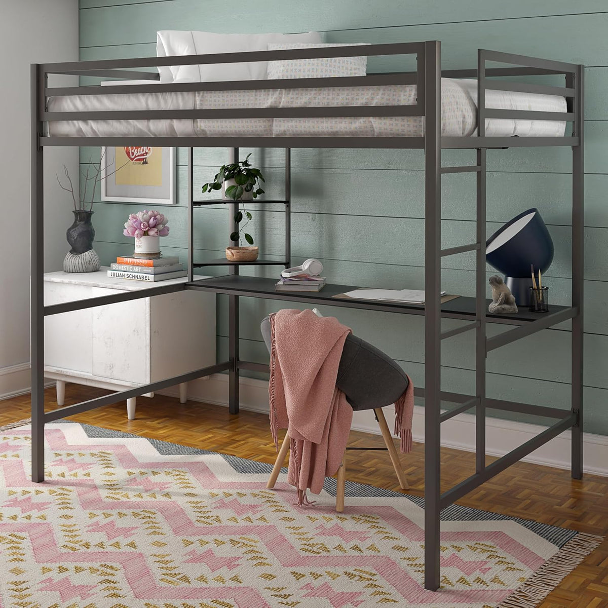 Novogratz Maxwell Metal Bunk Bed Frame for Kids and Teens, with Angled Ladder, High Guardrail and Metal Slats, No Boxspring Required, Underbed Storage Space, Twin-Over-Full, Gray - Grand Goldman