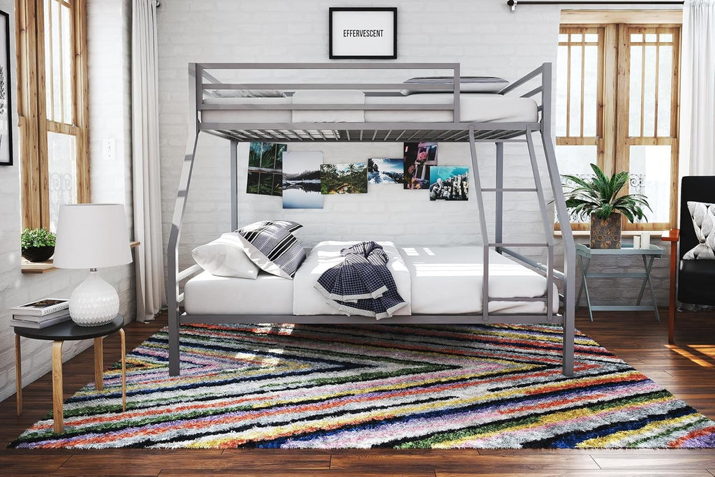 Novogratz Maxwell Metal Bunk Bed Frame for Kids and Teens, with Angled Ladder, High Guardrail and Metal Slats, No Boxspring Required, Underbed Storage Space, Twin-Over-Full, Gray - Grand Goldman