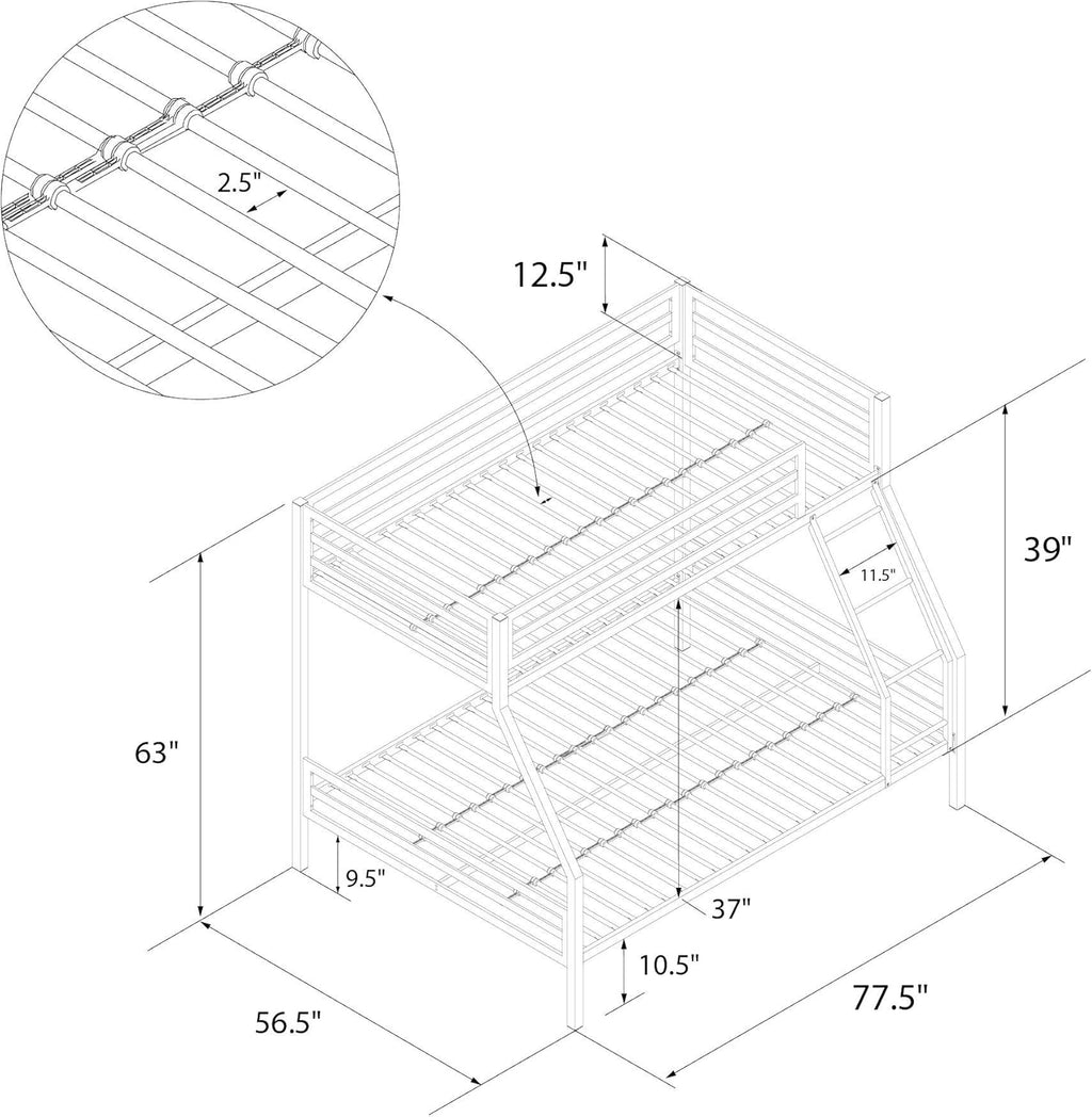 Novogratz Maxwell Metal Bunk Bed Frame for Kids and Teens, with Angled Ladder, High Guardrail and Metal Slats, No Boxspring Required, Underbed Storage Space, Twin-Over-Full, Gray - Grand Goldman