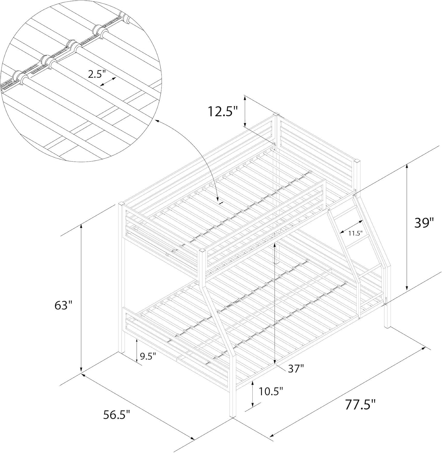 Novogratz Maxwell Metal Bunk Bed Frame for Kids and Teens, with Angled Ladder, High Guardrail and Metal Slats, No Boxspring Required, Underbed Storage Space, Twin-Over-Full, Gray - Grand Goldman