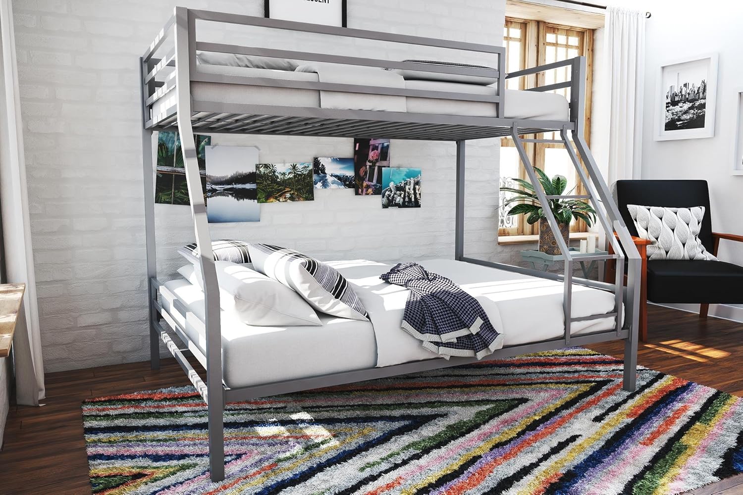 Novogratz Maxwell Metal Bunk Bed Frame for Kids and Teens, with Angled Ladder, High Guardrail and Metal Slats, No Boxspring Required, Underbed Storage Space, Twin-Over-Full, Gray - Grand Goldman