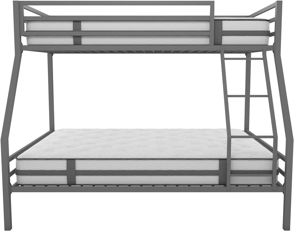 Novogratz Maxwell Metal Bunk Bed Frame for Kids and Teens, with Angled Ladder, High Guardrail and Metal Slats, No Boxspring Required, Underbed Storage Space, Twin-Over-Full, Gray - Grand Goldman