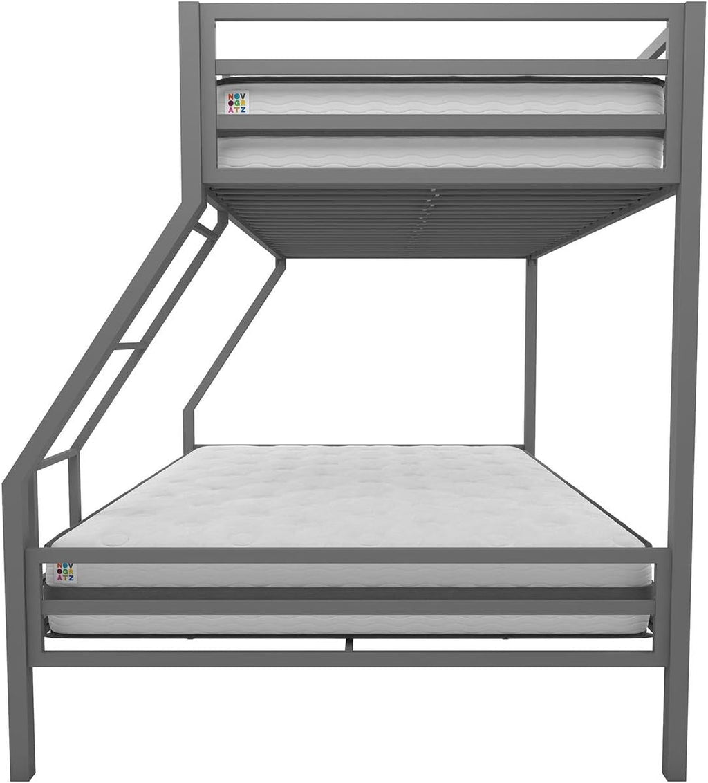 Novogratz Maxwell Metal Bunk Bed Frame for Kids and Teens, with Angled Ladder, High Guardrail and Metal Slats, No Boxspring Required, Underbed Storage Space, Twin-Over-Full, Gray - Grand Goldman