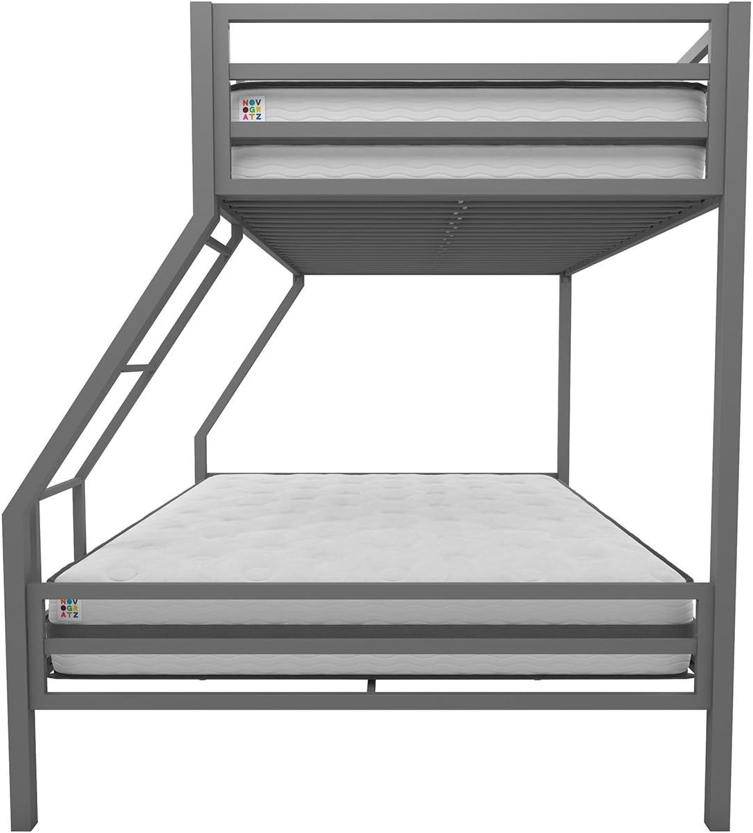 Novogratz Maxwell Metal Bunk Bed Frame for Kids and Teens, with Angled Ladder, High Guardrail and Metal Slats, No Boxspring Required, Underbed Storage Space, Twin-Over-Full, Gray - Grand Goldman