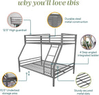 Novogratz Maxwell Metal Bunk Bed Frame for Kids and Teens, with Angled Ladder, High Guardrail and Metal Slats, No Boxspring Required, Underbed Storage Space, Twin-Over-Full, Gray - Grand Goldman