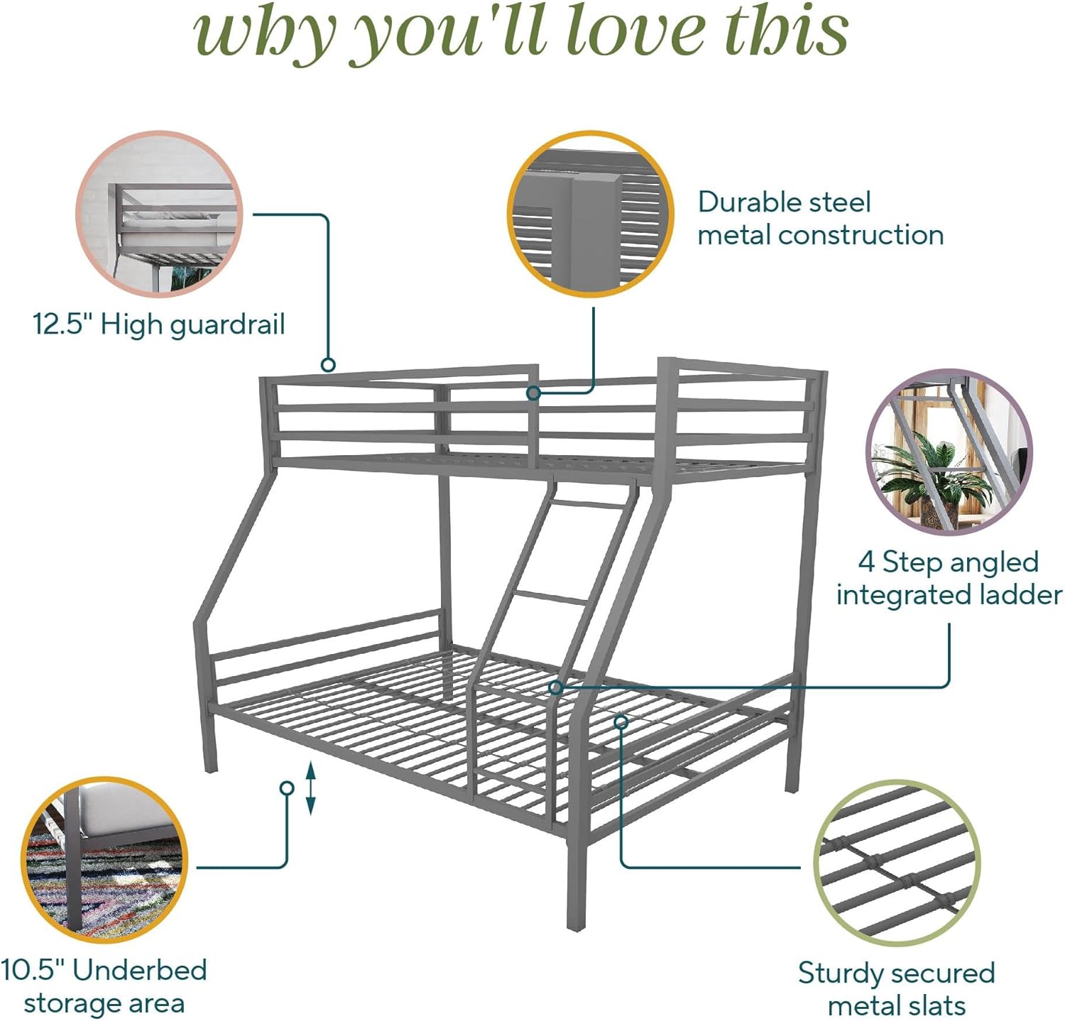 Novogratz Maxwell Metal Bunk Bed Frame for Kids and Teens, with Angled Ladder, High Guardrail and Metal Slats, No Boxspring Required, Underbed Storage Space, Twin-Over-Full, Gray - Grand Goldman