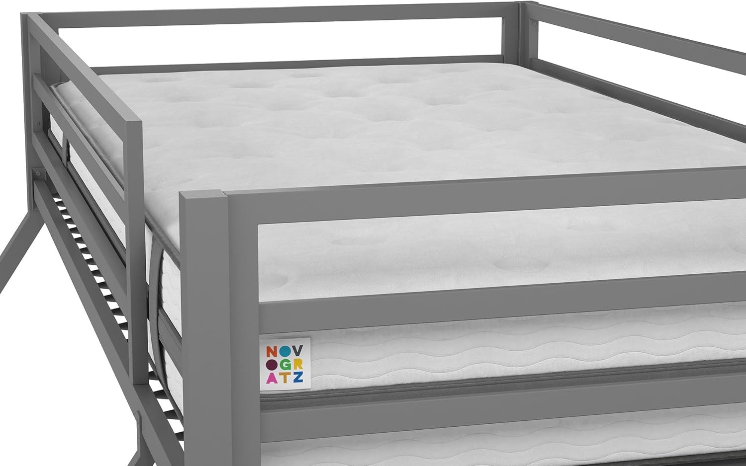 Novogratz Maxwell Metal Bunk Bed Frame for Kids and Teens, with Angled Ladder, High Guardrail and Metal Slats, No Boxspring Required, Underbed Storage Space, Twin-Over-Full, Gray - Grand Goldman